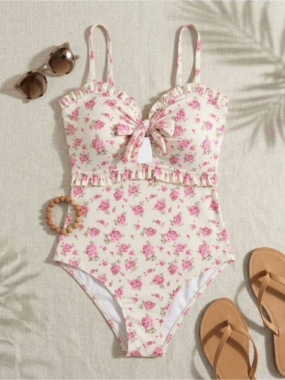 SHEIN Cream One-Piece Swimsuit with Pink Floral Print